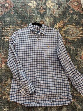 Ralph Lauren Classic Fit Plaid Button Down Shirt Men’s Medium Navy Tartan Pony